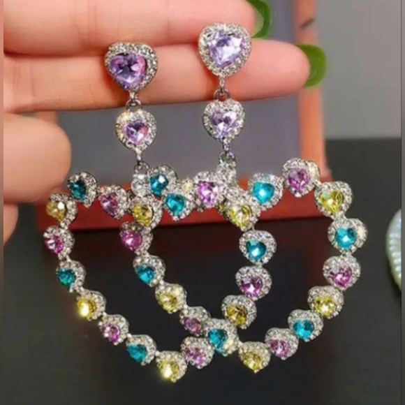 NWOT 925 Silver Plated Love Earrings Colorful Zircon Heart Earrings Charms Jewel - Picture 1 of 2